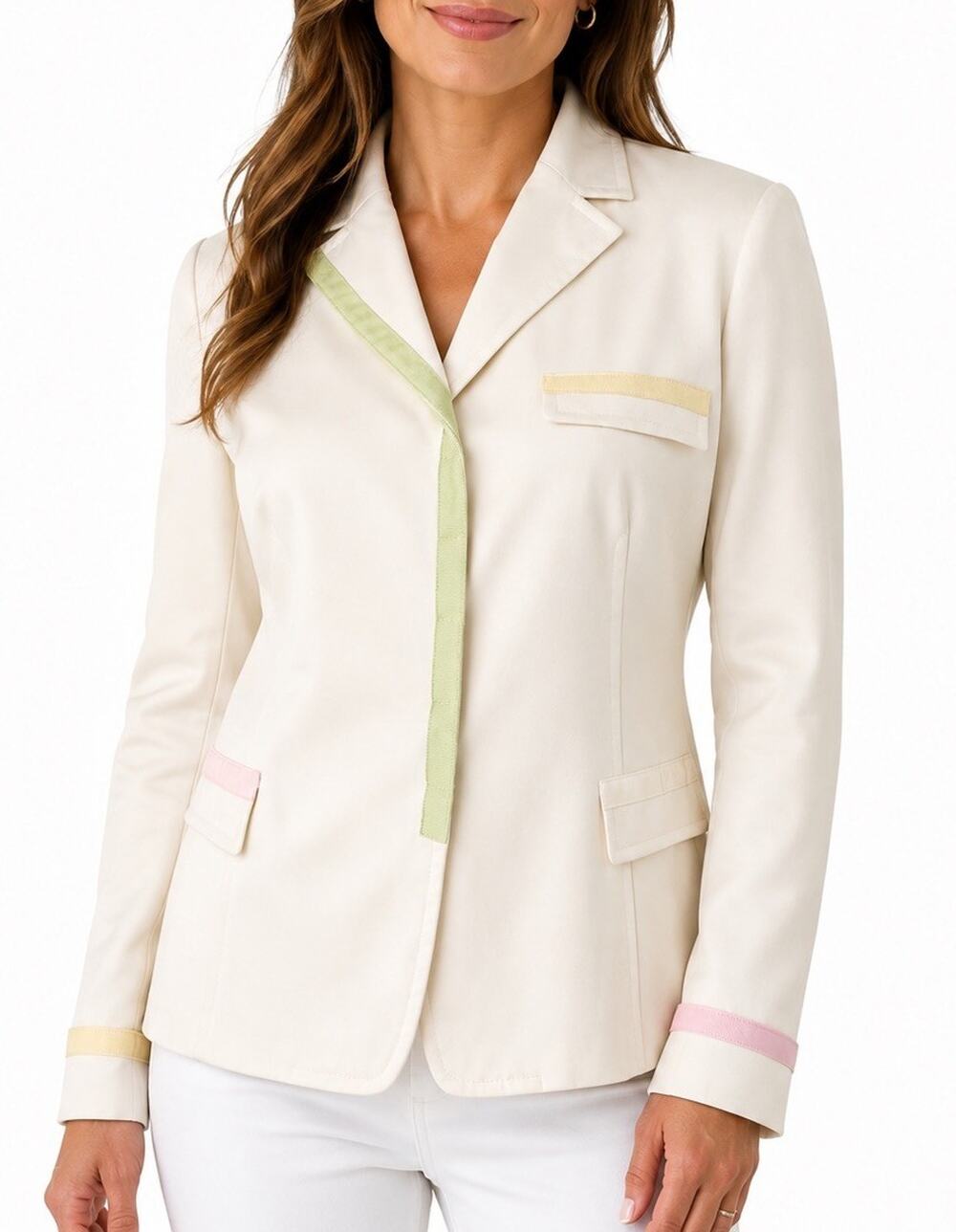 AKRIS Jacket Blazer Ivory Cream Cotton Snap Button Front Pastel Grosgrain 10 M